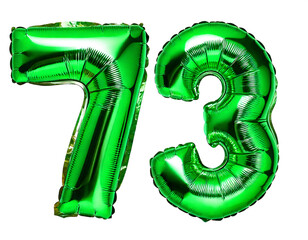 数字の73の形の緑色の風船（Number 73 green foil balloon on white background）
