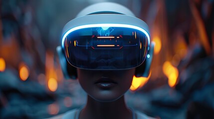Fototapeta premium A young woman wearing AR glasses walks through a futuristic city with neon lights and glass buildings
