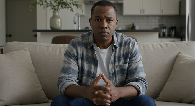 Concerned African American man in his 50s sits on sofa in a cozy living room, contemplating life's challenges with thoughtful expression.