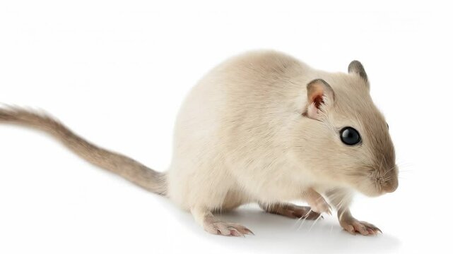 Light-colored gerbil sitting alert with raised paw on clean white background. Studio professional lighting highlights fur texture and details.