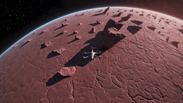 Proxima Centauri B's surface. Vast, cracked red soil stretching into the horizon, with occasional jagged rock formations under a dim red sky