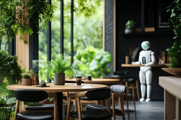 Dining Experience in a Modern Restaurant With Robotic Waiter Interacting in Natural Setting.