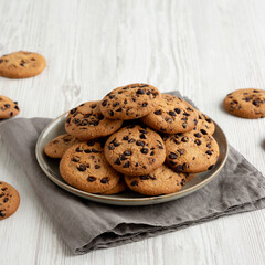 Homemade Chocolate Chip Cookies on a Plate, low angle view.
