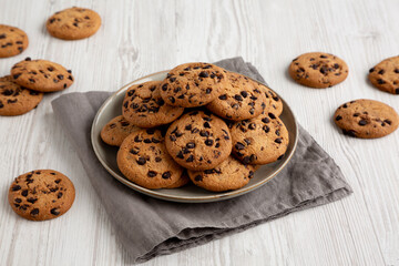 Homemade Chocolate Chip Cookies on a Plate, low angle view.