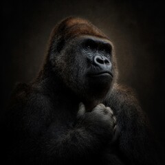 Obraz premium a gorilla patting its chest in dominance gesture isolated on dark neutral background