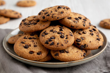 Homemade Chocolate Chip Cookies on a Plate, low angle view. Close-up.
