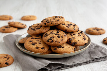 Homemade Chocolate Chip Cookies on a Plate, low angle view.