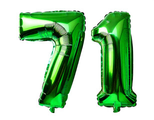 数字の71の形の緑色の風船（Number 71 green foil balloon on white background）
