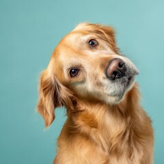 Fototapeta premium a golden retriever dog tilting its head sideways with an inquisitive expression isolated on pastel background studio lighting pet emotions concept
