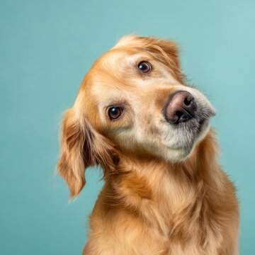 a golden retriever dog tilting its head sideways with an inquisitive expression isolated on pastel background studio lighting pet emotions concept