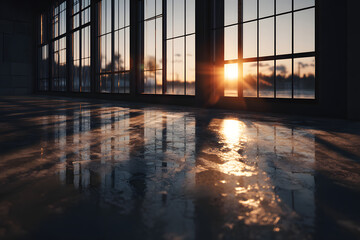 Fototapeta premium Warm sunset glow through large windows, illuminating a clean floor. Perfect for product placement or background image.