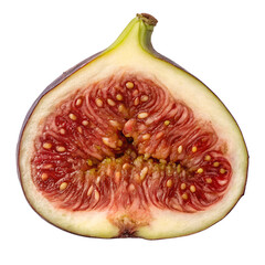 A sliced fig reveals its vibrant red interior filled with tiny seeds. The outer skin is purple and yellow, showcasing the fruit's unique texture and color.