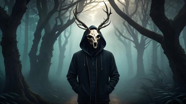 Hooded wendigo figure with skull head standing in misty haunted woods