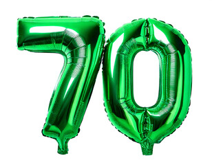 数字の70の形の緑色の風船（Number 70 green foil balloon on white background）
