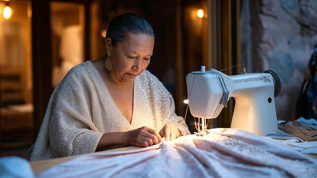 A skilled tailor expertly hemming a skirt in warm light