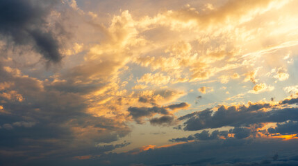 Beautiful sunset sky, with clouds, after rain. Evening sky background.