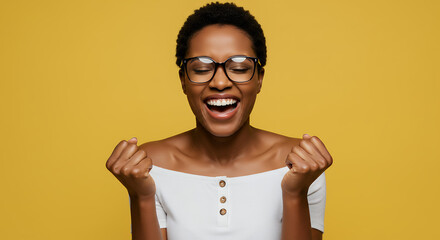 Celebration: Joyful Black woman in her 30s with glasses expresses triumphant excitement against a yellow background, clenching fists in elated success.