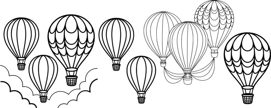 Group of black and white hot air balloons floating against a white background