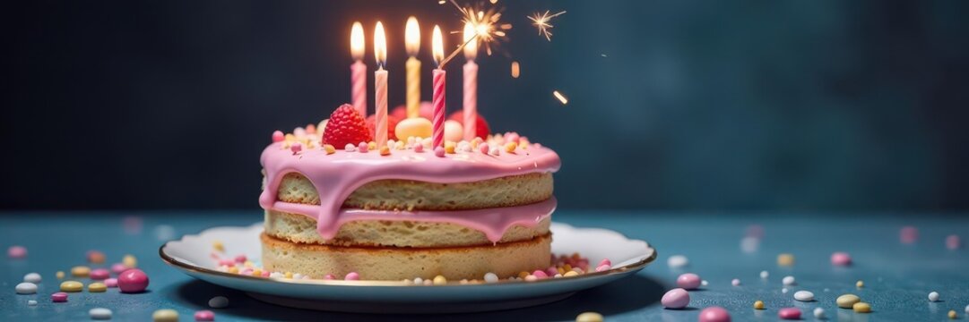 Pastel layered cake with glowing candles & sparkler, sprinkles , yellow, birthday, festive - Powered by Adobe