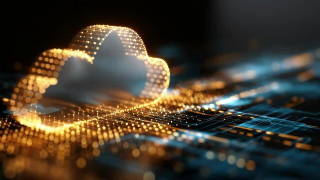 Glowing golden cloud made of dots floats above a futuristic circuit board pattern on a dark background, symbolizing cloud computing technology