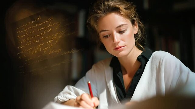 A young woman revising a manuscript with red pen corrections