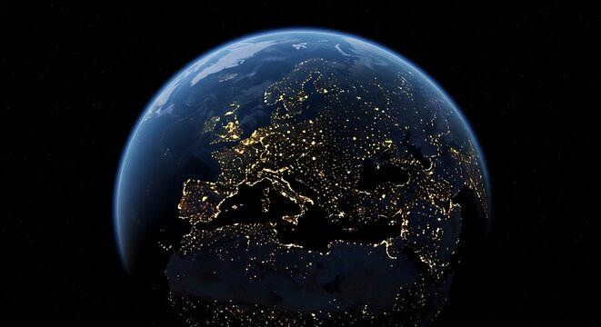 Earth from space europe at night city lights view globe world planet continent countries landscape