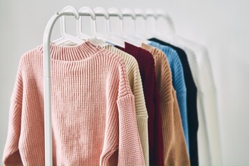 multicolored women's woolen sweaters on hangers. Sale in a fashion store. High quality photo