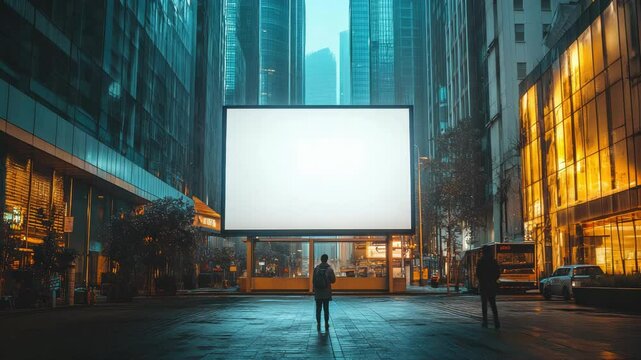 Large blank billboard in modern city skyline, placed among tall skyscrapers and blue sky, ideal for urban advertising, marketing campaigns and commercial announcements. Banner with copy space.mock up,