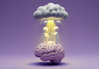 Cartoon figures sheltered under umbrella sitting on brain &ndash; mental health support concept