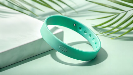 Minimal mockup of a mint green wristband centered on a soft pastel green background. Clean, modern, and isolated — perfect for branding, advertising, product presentation, or medical and wellness them