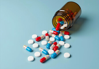 Colorful pharmaceutical capsules and white tablets spilled from amber medicine bottle on blue background