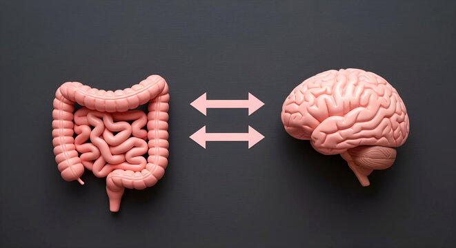 Brain and gut connected with arrows – symbolizing gut-brain axis and mental health link