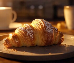 A golden, flaky croissant, lightly dusted with powdered sugar, basks in a warm, inviting glow. Its rich, buttery layers are highlighted by soft light, suggesting a perfect morning treat. In the blur