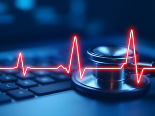 Stethoscope on keyboard with heart rate line representing digital telemedicine