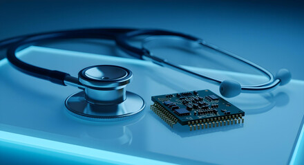 Stethoscope placed on microchip symbolizing digital health technology integration