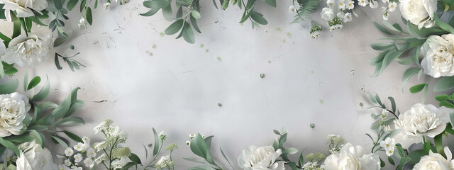 Wedding floral background, white peonies, greenery, light grey, flat lay banner style.