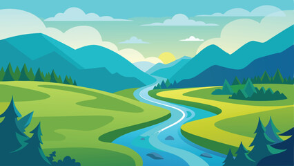 Scenic landscape illustration featuring mountains river and greenery in a flat design
