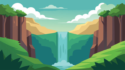 Scenic waterfall illustration depicting natural landscape with mountains and verdant foliage