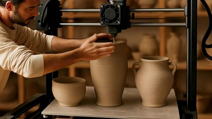 Experienced potter carefully monitoring 3d printing process while creating detailed clay vase, blending traditional craftsmanship with modern digital manufacturing techniques in ceramic workshop - Powered by Adobe