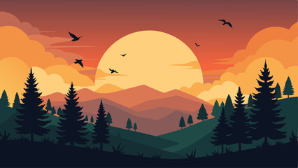 Scenic sunset landscape featuring mountains trees and flying birds vector illustration
