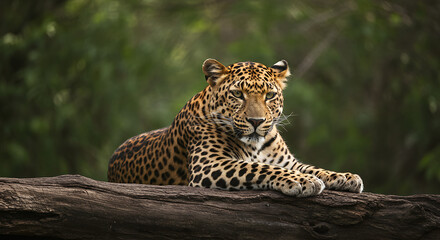 Fototapeta premium Leopard rests serenely on a log amidst the verdant foliage of a wild environment.