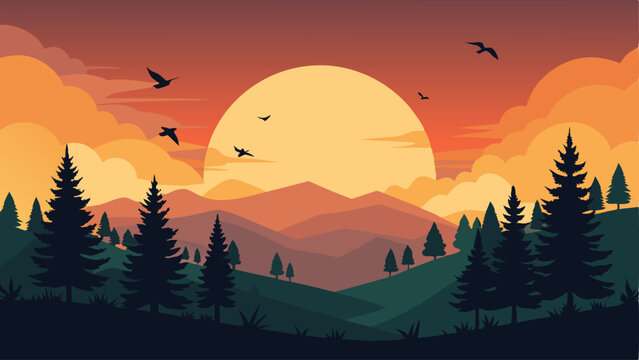Scenic sunset landscape featuring mountains trees and flying birds vector illustration