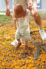 Toddler taking first steps with adult support in a park. The child walks over yellow flower petals, wearing a sun hat and summer clothes. Outdoor bonding and early childhood development moment. 