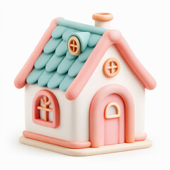 icono de casita de juguete en 3d sobre fondo blanco, en tonos pastel rosas y verdes