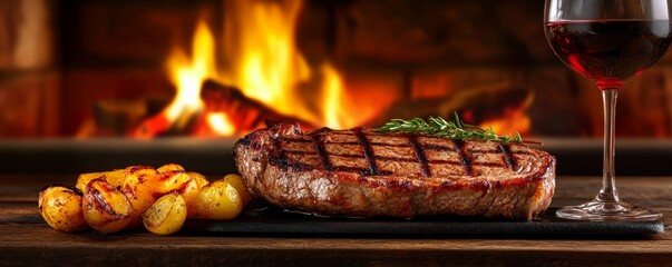 Grilled Steak with Roasted Potatoes and Red Wine, Fireplace Background, Food Photography, Steak Dinner steak recipe, food photography