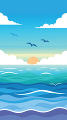Serene coastal landscape illustration depicting ocean waves seagulls and a golden sunset