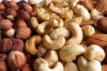 Obraz premium Close-up of nuts, including cashews, walnuts, and hazelnuts, arranged in different shapes on a white background.