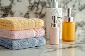 Stacked Colorful Towels and Soap Dispensers on a Marble Surface, Bathroom Interior.