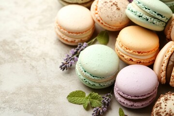 Fototapeta premium Assortment of Colorful Macarons with Lavender Sprigs and Mint Leaves on a Textured Surface