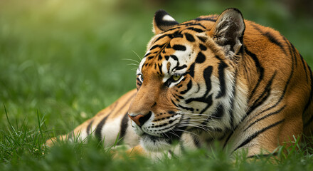 Naklejka premium Resting Tiger Portrait in Green Grass, wildlife animal, Bengal, nature close-up
